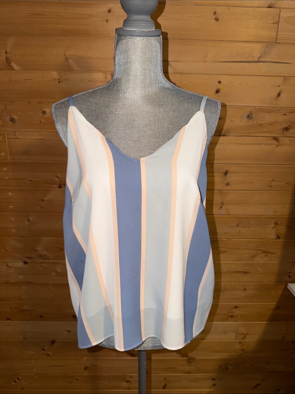 Mod on Trend Striped V-Neck Spaghetti Strap Tank Top Blue, Pink & Light Cream L
